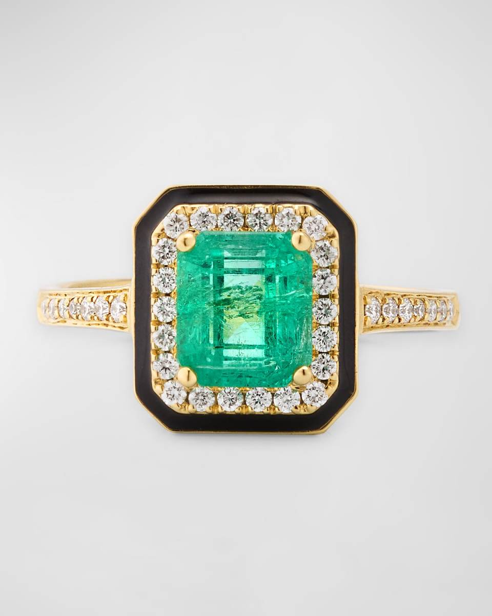 18K G-One Emerald Statement Ring with Diamonds and Black Enamel